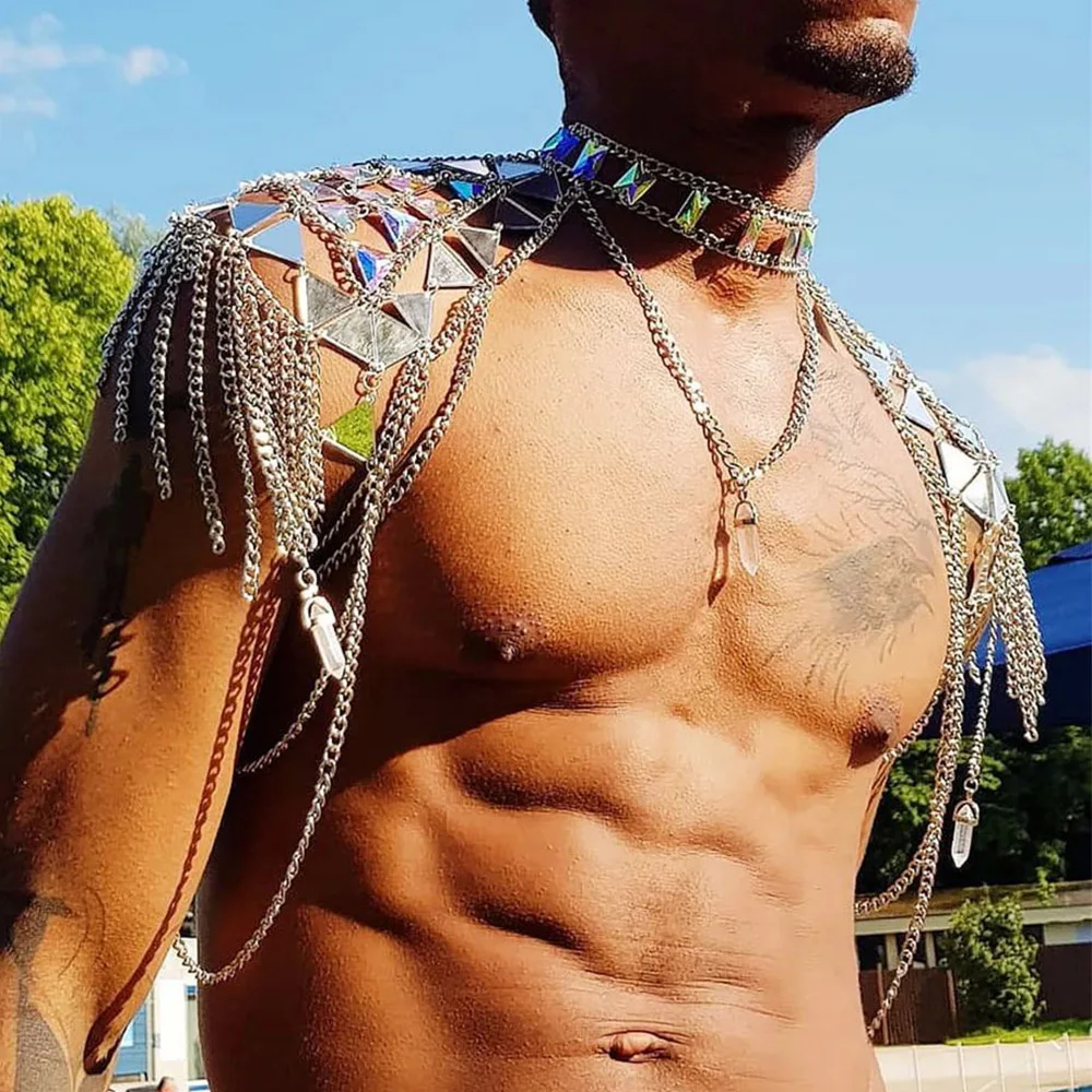 Gemstone Shoulder Chain Drape for Men Rhinestone Shrugs Shawls Gothic Metal Cape Halloween Costume Stage Show Body Harness Top