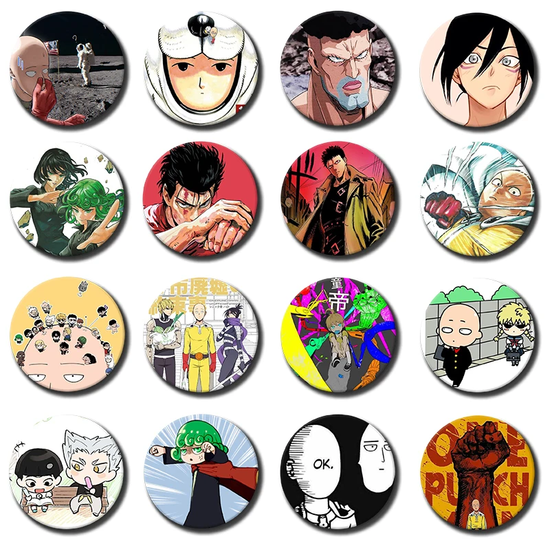 58mm Anime O-One Punch Man Brooch Round Cartoon Pin Saitama Genos Jenos Sonic Tatsumaki Fubuki Garou Badge Bag Accessories Gift