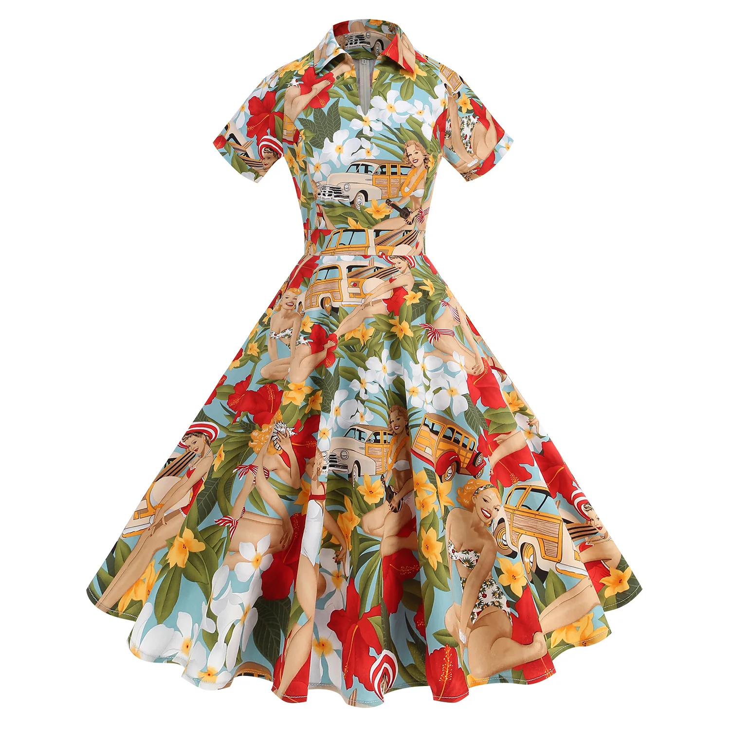 Années 1950 fille américaine rétro peinture à l'huile imprimé à manches courtes mode animé élégant dame floral danse fête vacances robe de voyage