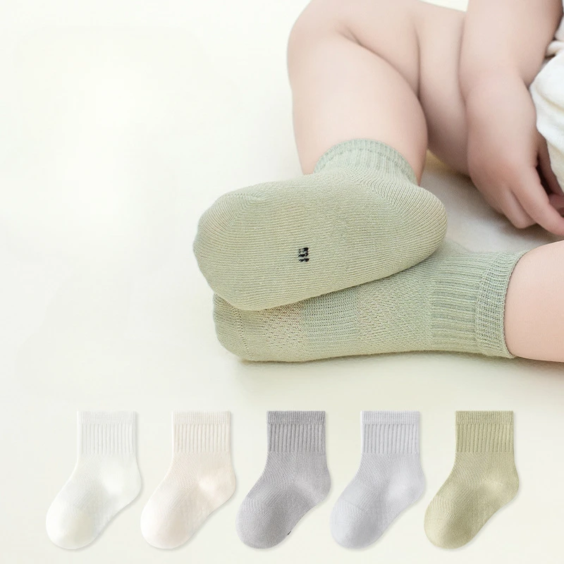 

5pcs Children's Socks Summer Thin Mesh Baby Solid Color Antibacterial and Odorproof Baby Sock Boys and Girls Medium Length Socks