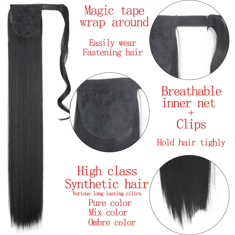 LISI GIRL Synthetic Hair 22\'\'34\'\' Long Straight Ponytail Wrap Around Ponytail Clip in Hair Extensions Black Hairpiece Headwear