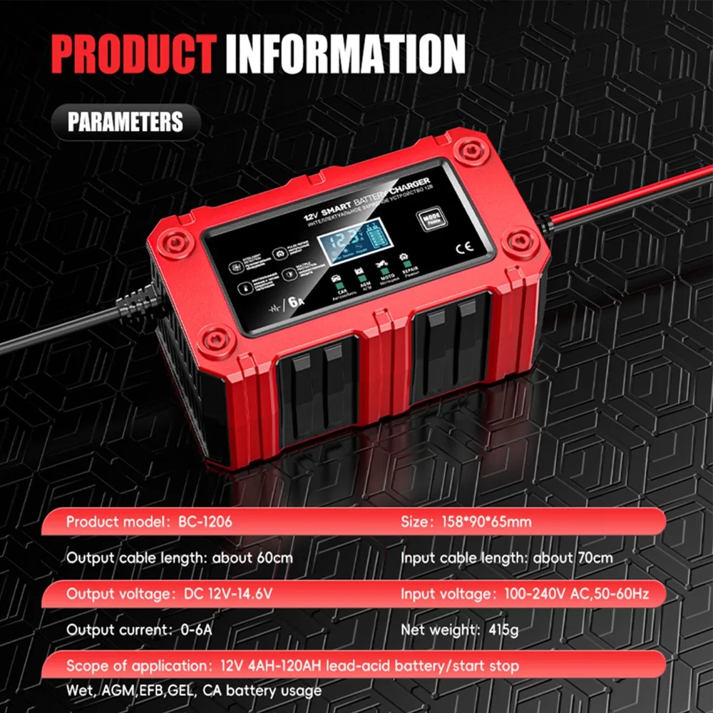 Durable 12V 6A Smart Battery Charger ABS LCD Display Battery Maintainer 4 Modes US Plug Car Battery Charger Car/Motorcycle