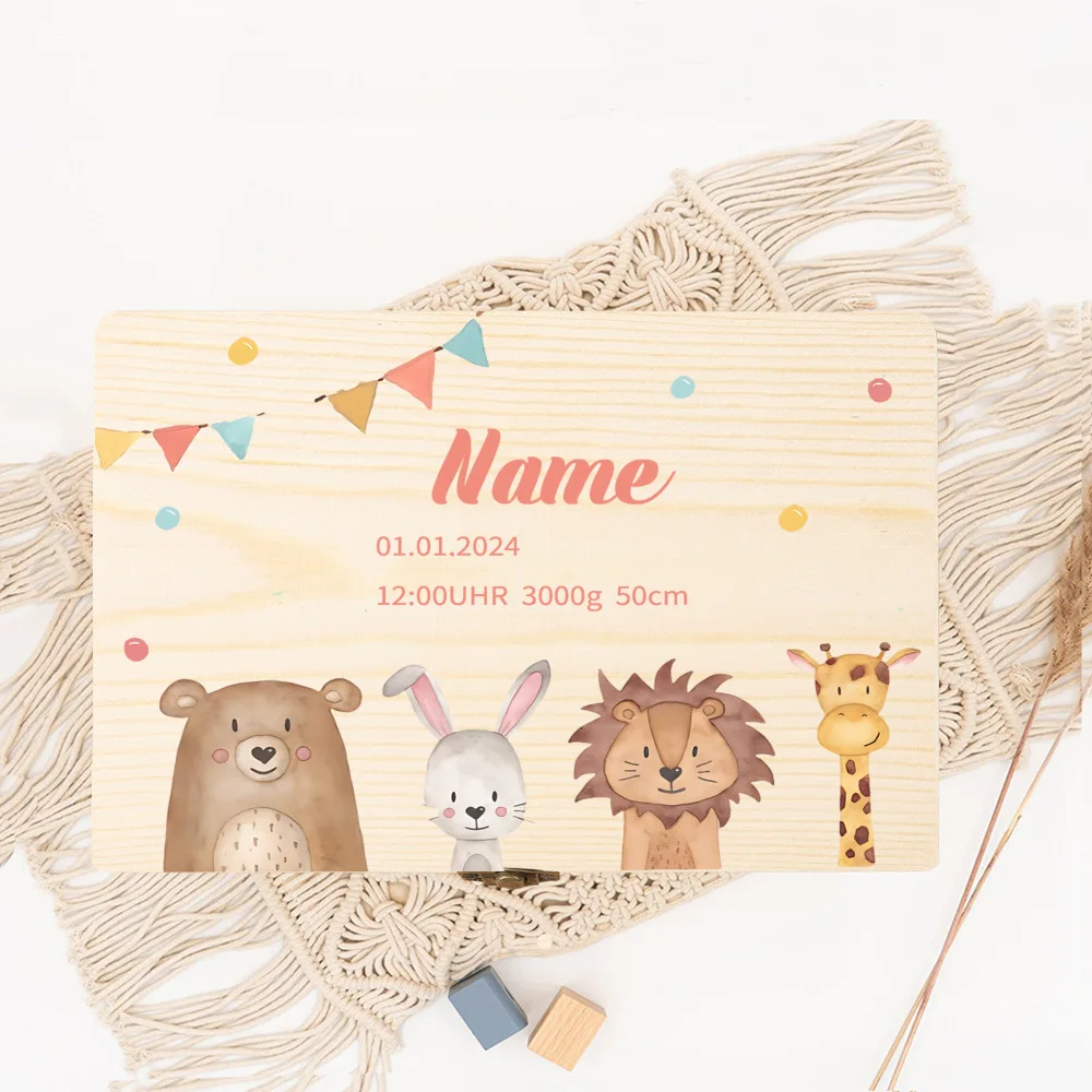 Personalised Baby Jungle Animal Wooden Memory Baby Gift Birth Gift for Newborn Mum Dad Parents Gifts Newborn Babies Keepsake