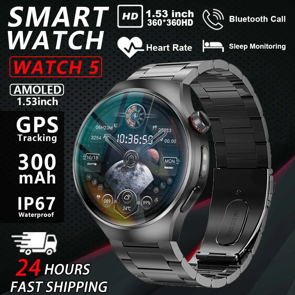 

Новые часы 5 Смарт-часы GPS NFC Смарт-часы Мужчины 1,53 "AMOLED Всегда Дисплей SOS IP68 BT Вызов Спортивные Смарт-часы 2025 Для Huawei