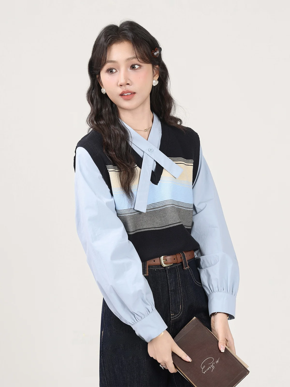 

Loose Long Sve Women's irt Color Blo Collar Design V-ne Korean Sle Commute Faion Padded Jaet Blue Aosphere