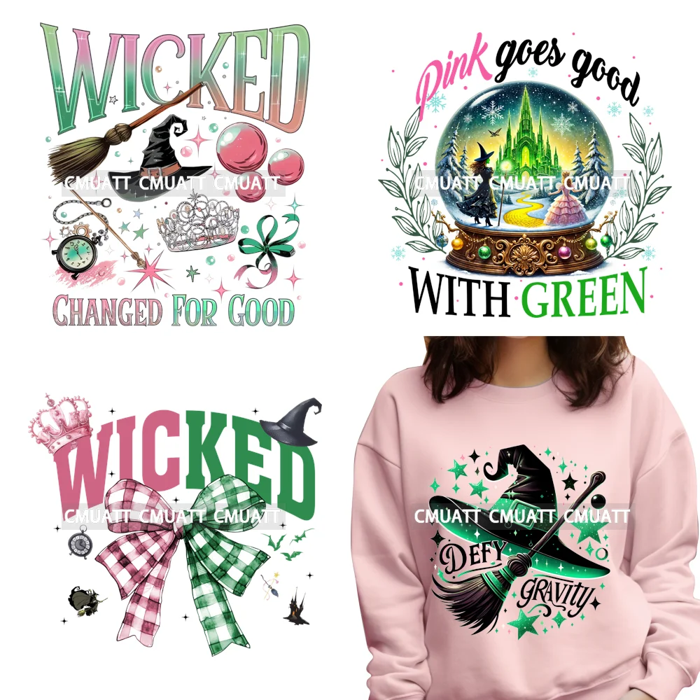 

Pink Goes With Green Magic Musical Movies Bad Good Witches Team Coquette Iron on DTF Heat Press Transfers Stickers for T-shirts