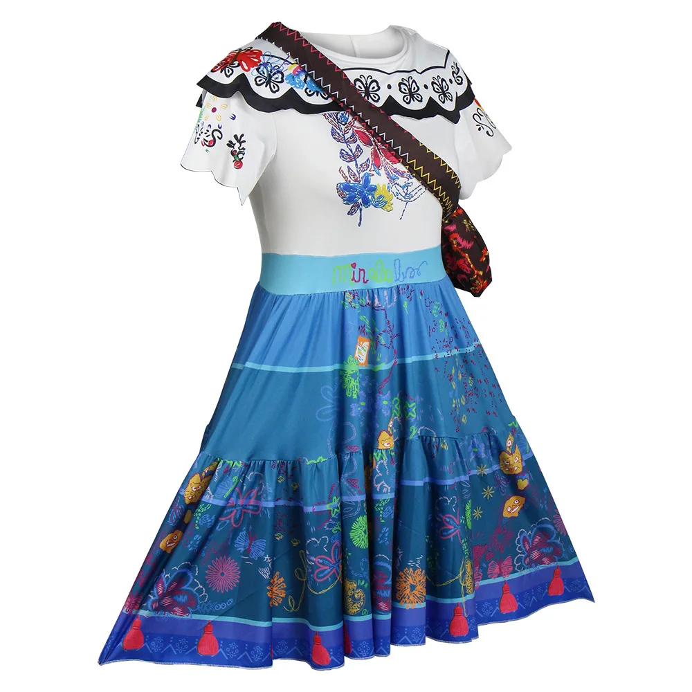 Mexican Princess Dress Mirabel Cosplay Costume White Blue Dress With Bag Women Girls Halloween Role Play Outfit Birthday Gift view 6