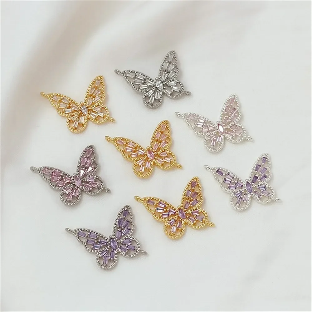 

Silver 14K, Gold-plated White K Colorful Zirconium Trapezoidal Butterfly Chain Connection Double Pendant DIY Handmade Jewelry