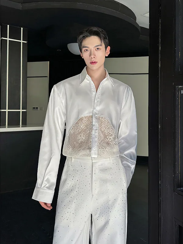 

Lace Patchwork Design Long Sve irt Men's Model Retro Bar Nightclub Loose Top Polyester Fabric Vintage Sle