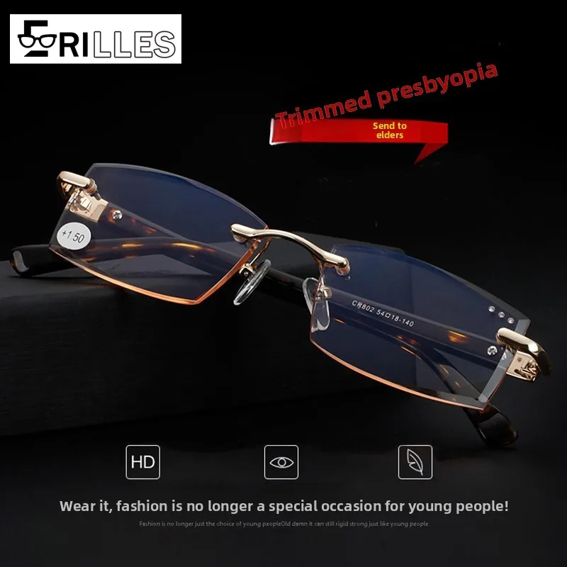 

Fashion Reading Glasses with Diamond Cut Edge, Rimless Square Frame Progressive Tint, Titanium Alloy Blue Light & UV Blocking