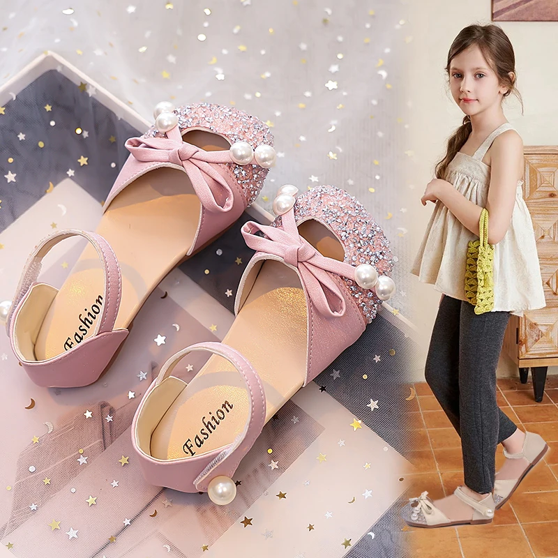 

Summer Girls Fashion Princess Pearl Sandals Sequins Children Wedding Party Flat Sandals Sweet Bowknot Kids Hollow-out Sandals