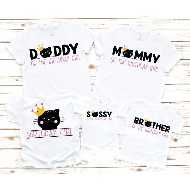 Birthday Shirt for Family Girls T Shirt Crown Cat Birthday Girl Shirt DAD Brother Boys Clothing Gift Matching Mommy Sister