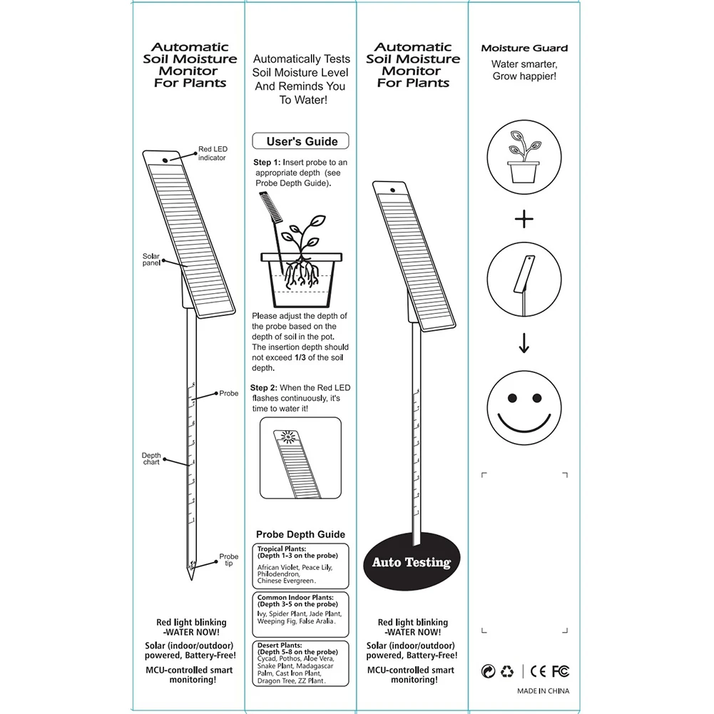 Solar Powered Soil Moisture Meter Plant Water Detector With Red LED Alarm For Indoor Outdoor Garden Farming Irrigation Testing T