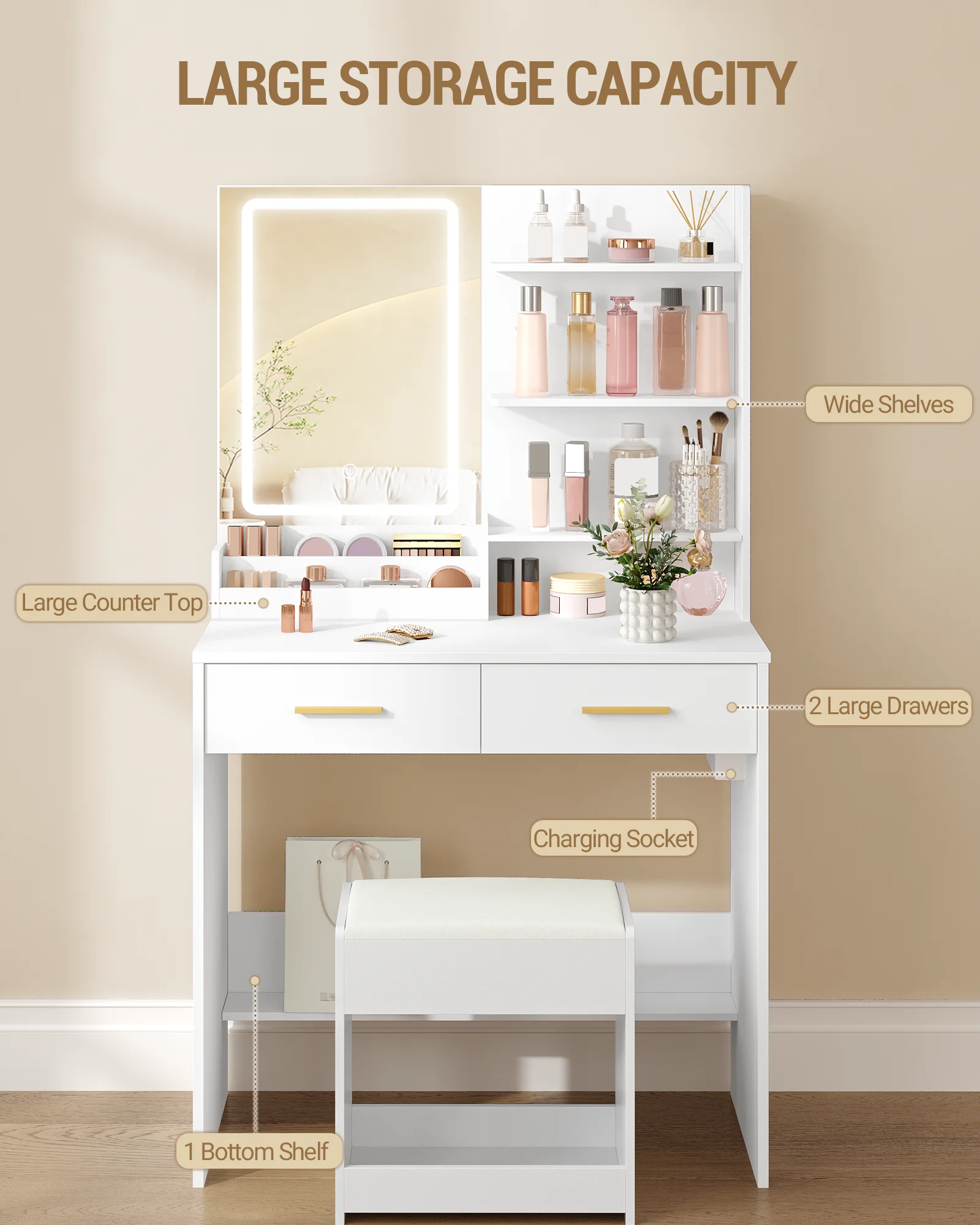 طاولة تزيين هزوانري مع ضوء LED، 2 منافذ تيار متردد و2 USB، مع درجين و4 مقصورات مفتوحة، لغرفة النوم وغرفة المعيشة