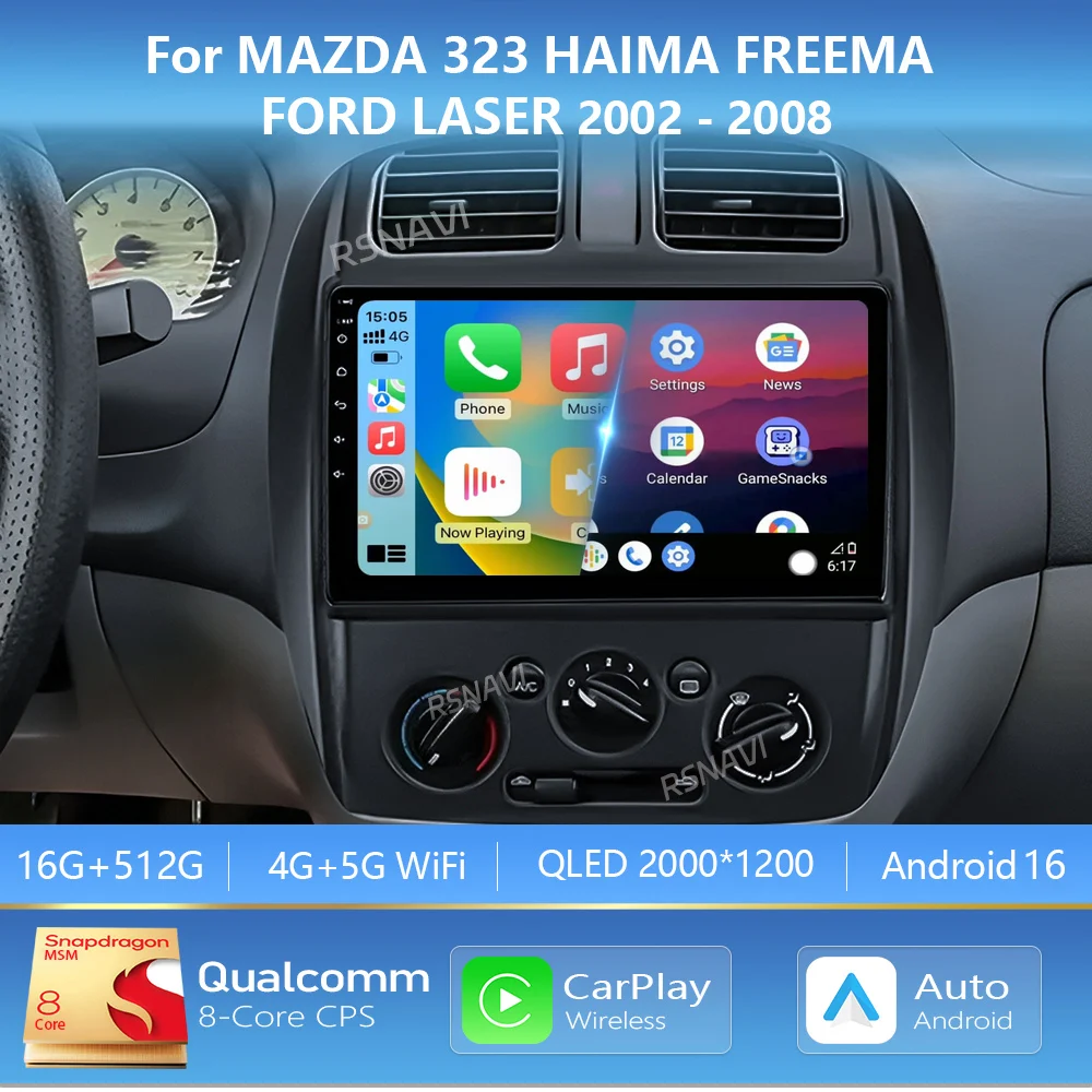 Android 16 Carplay Auto Car Radio Multimedia Player For MAZDA 323 HAIMA FREEMA FORD LASER 2002-2008 4G GPS Stereo 2Din Head Unit