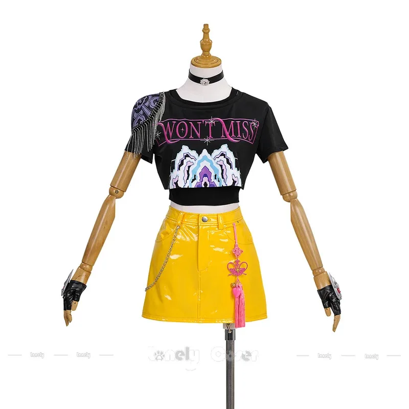 

ff34Аниме Охотники на демонов Мира Косплей Костюм Парик Футболка Юбка Серьги Чехлы на ноги Шеи Полный комплект для женщин Девочек K-pop Hallo