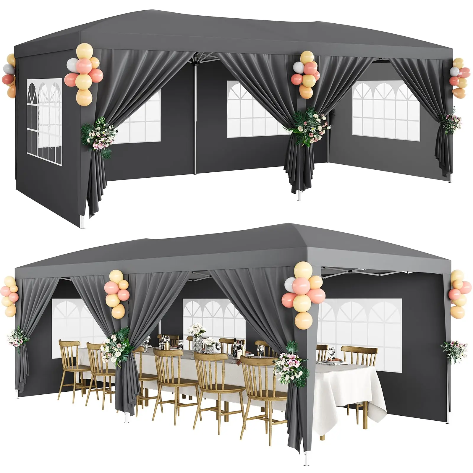 10x20 FT Pop Up Canopy Tent with 6 Removable Sidewalls, Reinforced Waterproof Outdoor Gazebo, 3 Height Adjustable Party Tent for Wedding, Market, Backyard Events, Includes Carry Bag