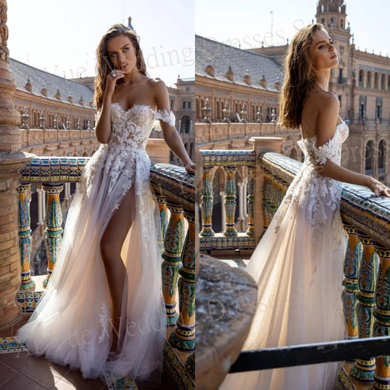 

Beautiful Fascinating 2024 Boho Wedding Dresses Off The Shoulder Beach A Line Lace Appliques Bride Gowns Sexy High Side Split