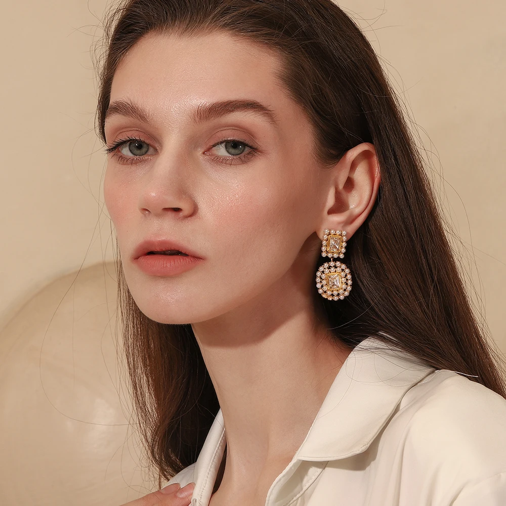 E.B.belle Fashion 18K Gold Plated Luxury Spliced Square Zircon Full Pearl Stud Earrings Women Party Chic Jewelry Non Tarnished
