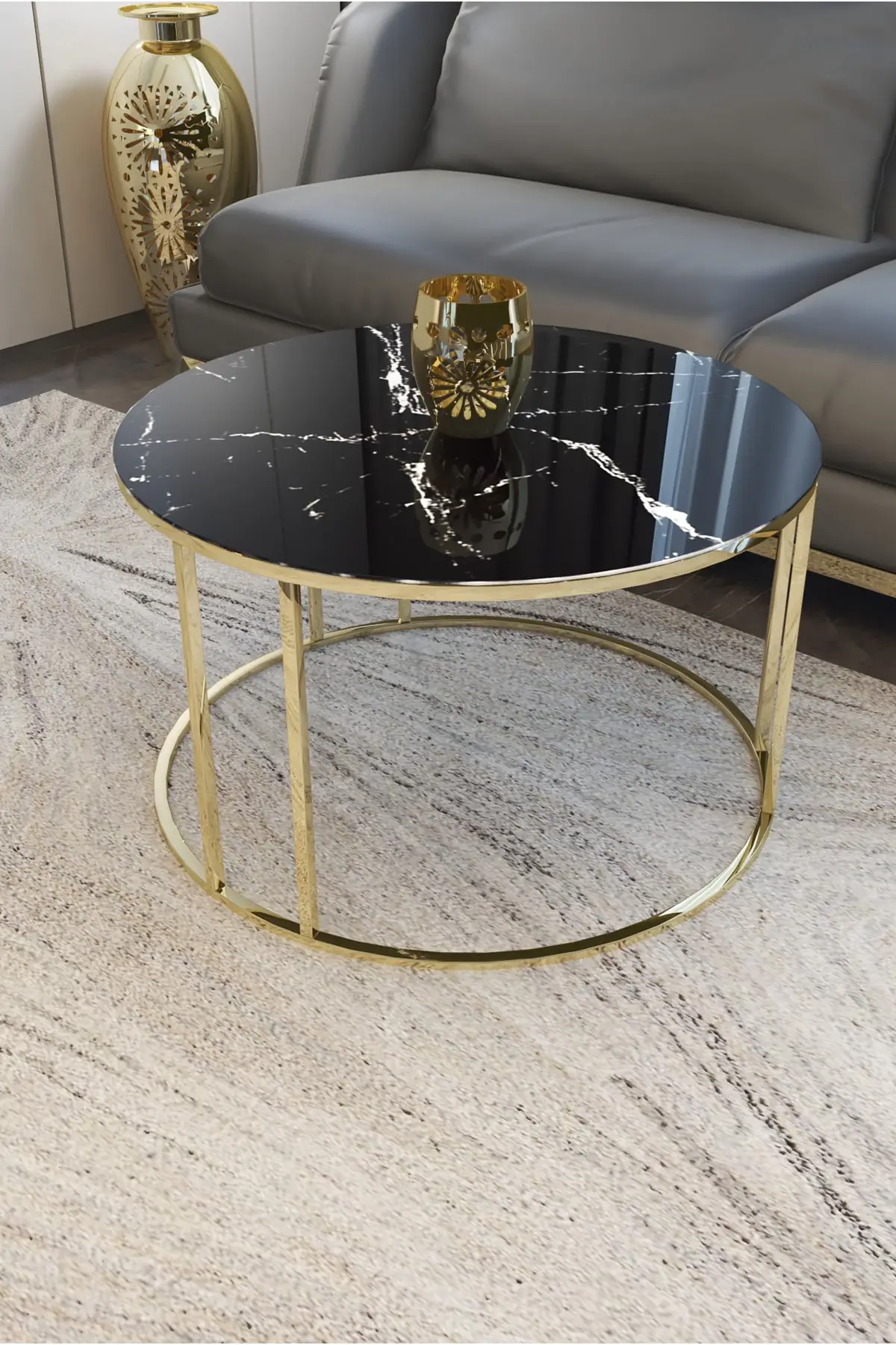 Zigon Medium Coffee Table Set, Unbreakable Glazed Black Marble Pattern