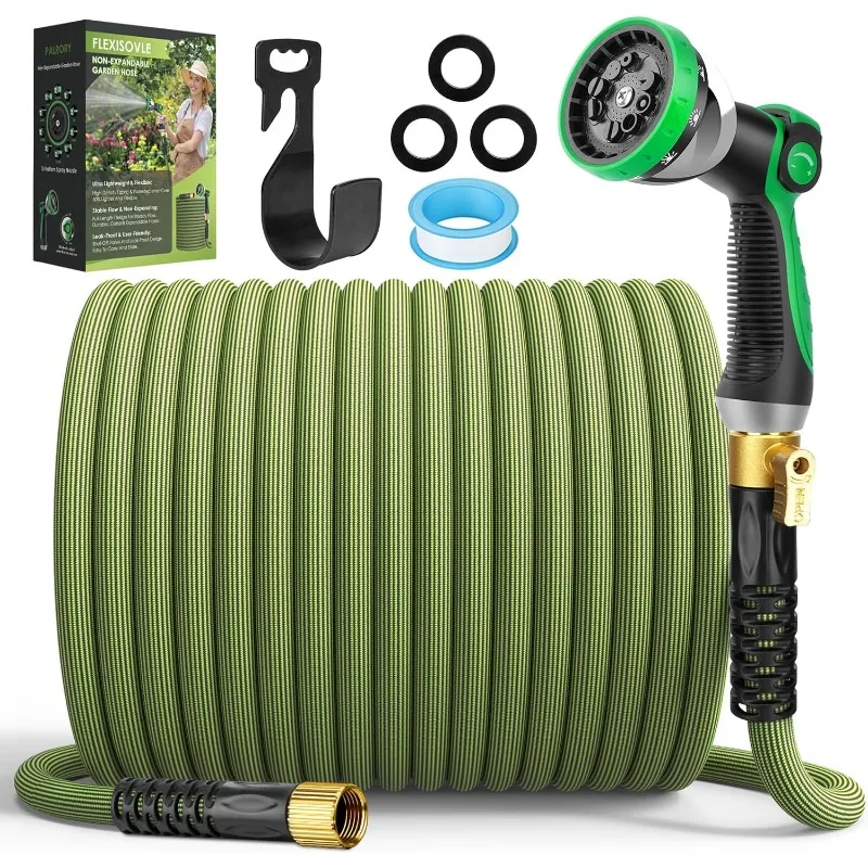 

-Expandable Garden Hose 100 ft, Ultra Lightweight Flexible Water Hose with 10-Pattern Nozzle, Leak-Proof, High-Density Fabric