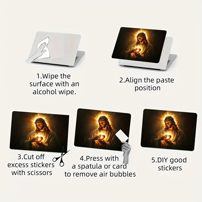 Adesivo beige chiaro per laptop da 1 pezzo con Sacro Cuore di Gesù Cristo e Corona di Spine - Design religioso luminoso, impermeabile e