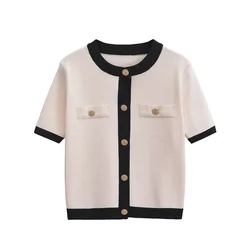 ZA Women's Autumn New Product: Small Fragrant Style Color Contrasting Buckle Round Neck Short Sleeve Knitted Cardigan