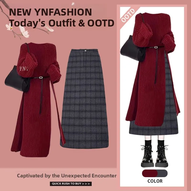

Christmas Atmosphere Knitted Sweater And Floral Skirt Set Red New Year War High Waist Midi Skirt Two-Piece Set for Women