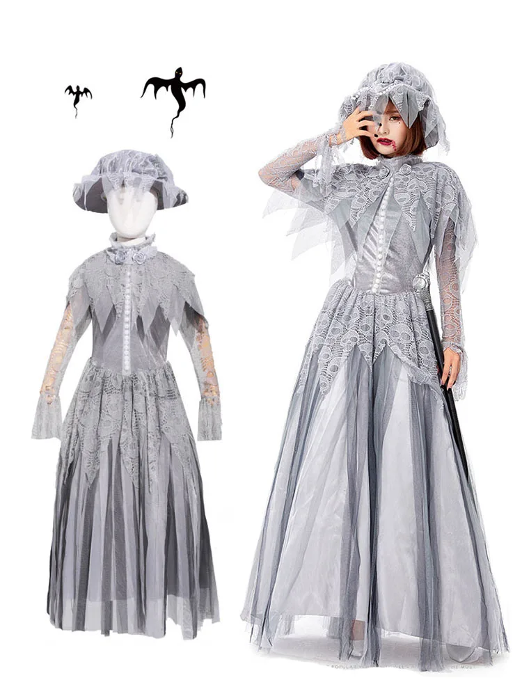 Fsia de Noiva Zumbi Longa para loween, Estilo Vintage, Vestido Longo de Princesa Esqueleto, Traje de Festa de Terror, ...