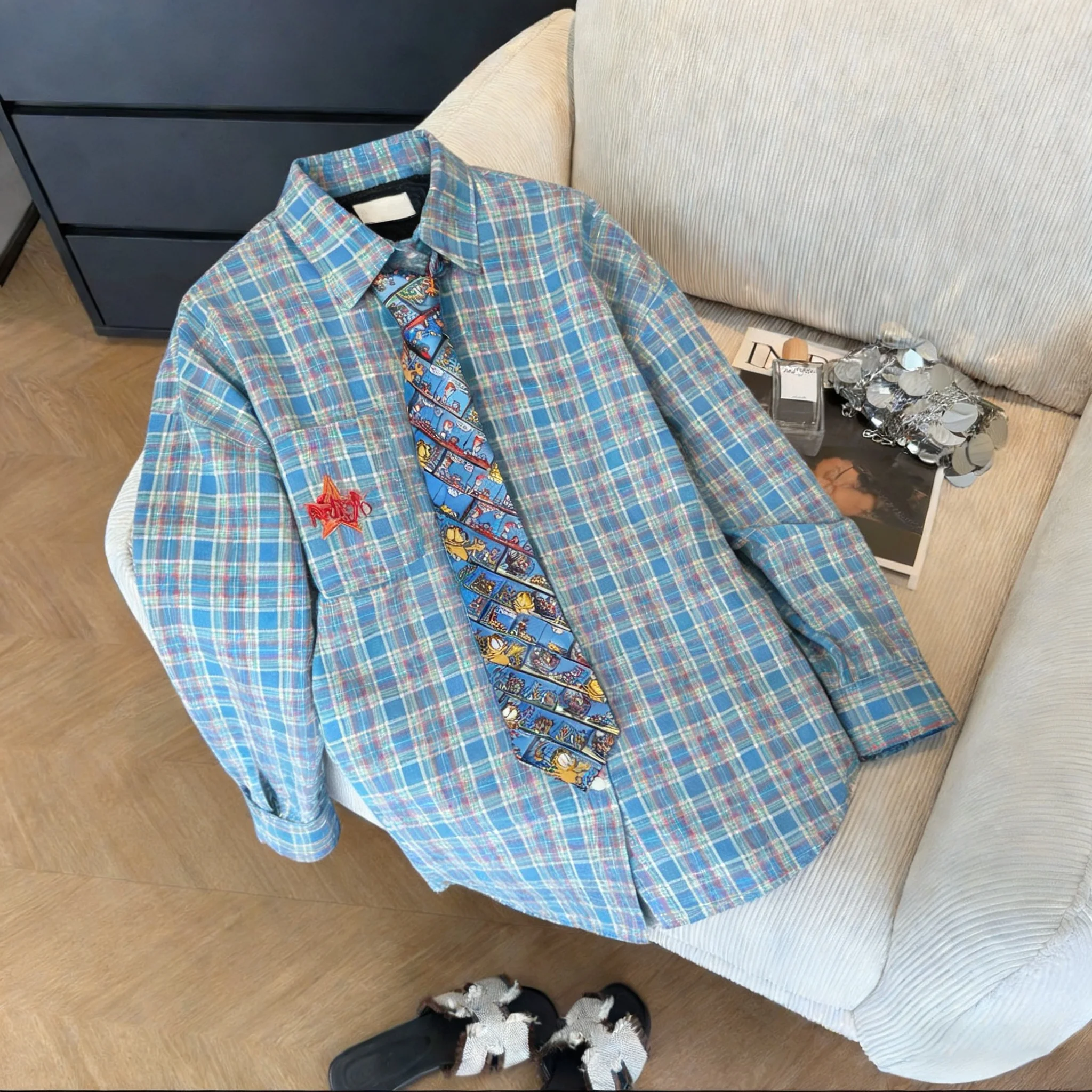 

Trendy American Blue Plaid Long Sve irt Loose Fit Sun Protection Spring Autumn High End Vintage Lazy Sle Women's irt