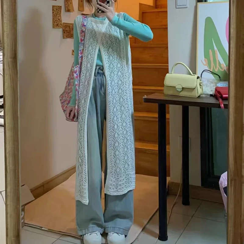 새로운 우아한 속이 빈 자외선 차단 니트 가디건 스웨터 여름 우아한 단색 여성 민소매 롱 스목