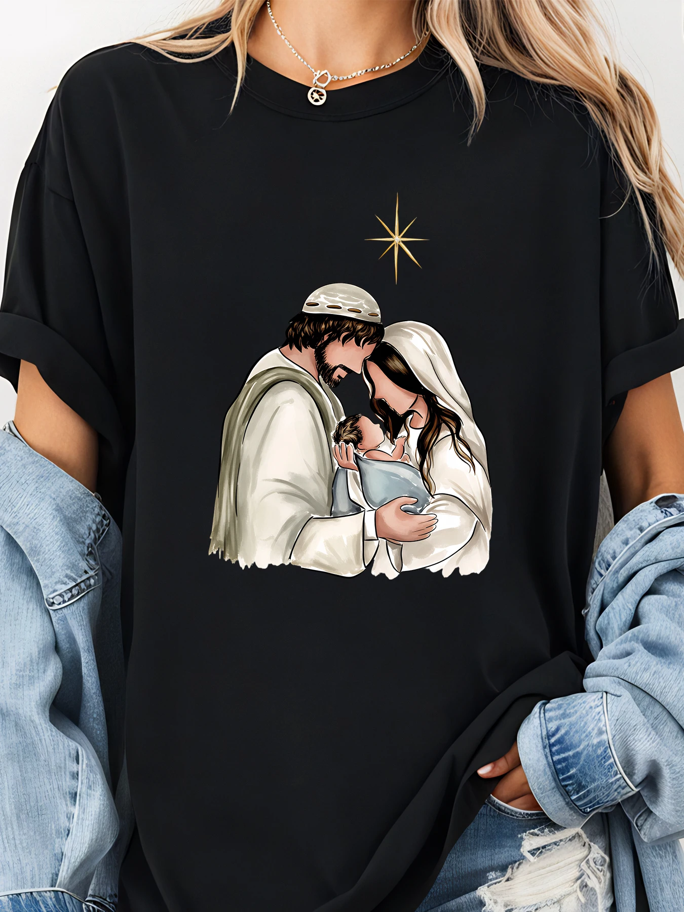 Kerststal bedrukt T-shirt met sterdetail voor dames vrijetijdskleding