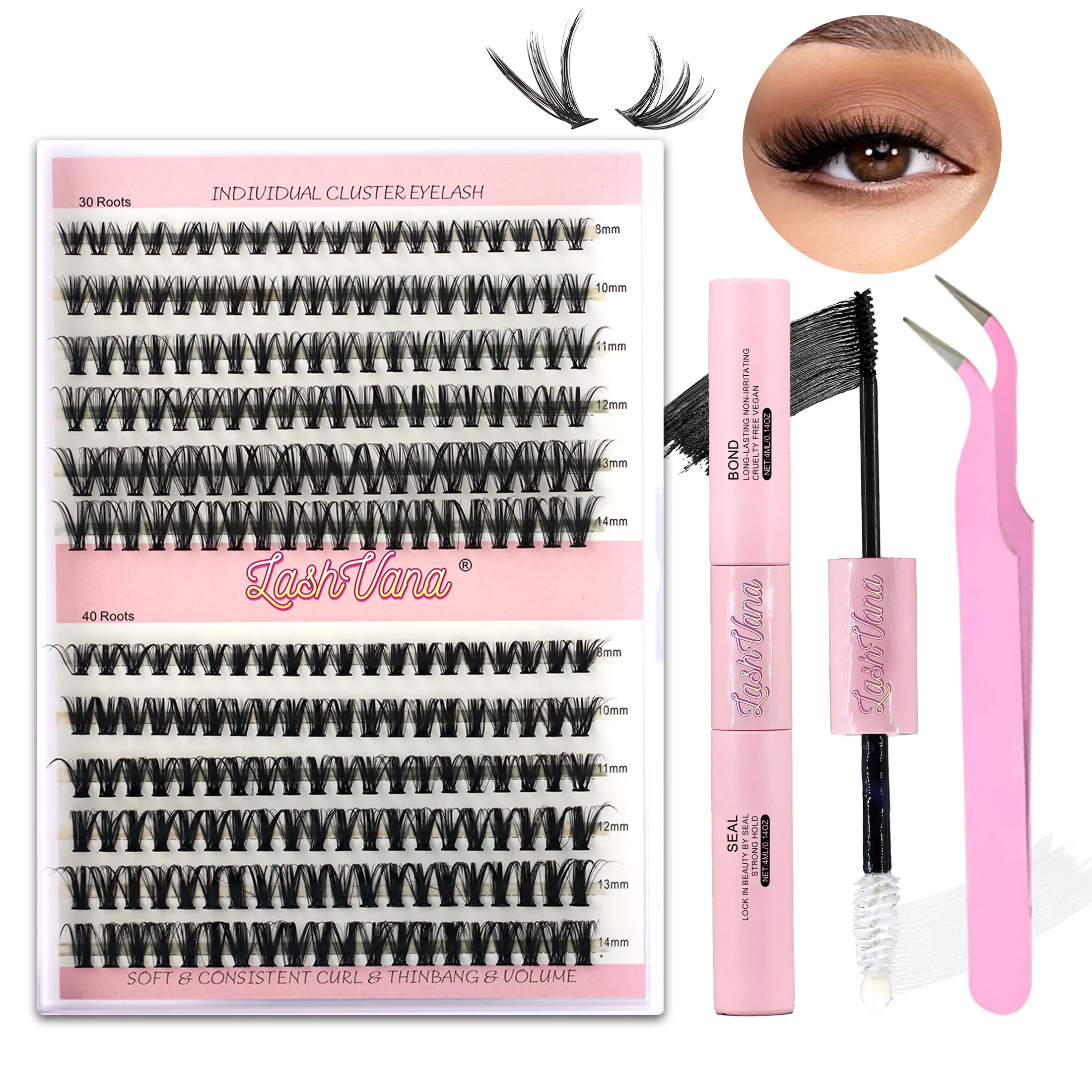 30D40D Individual Lashes Kit Natural Long DIY Cluster Eyelashes with Lash Bond and Seal Extension Kit Makeup Tools Faux Cils