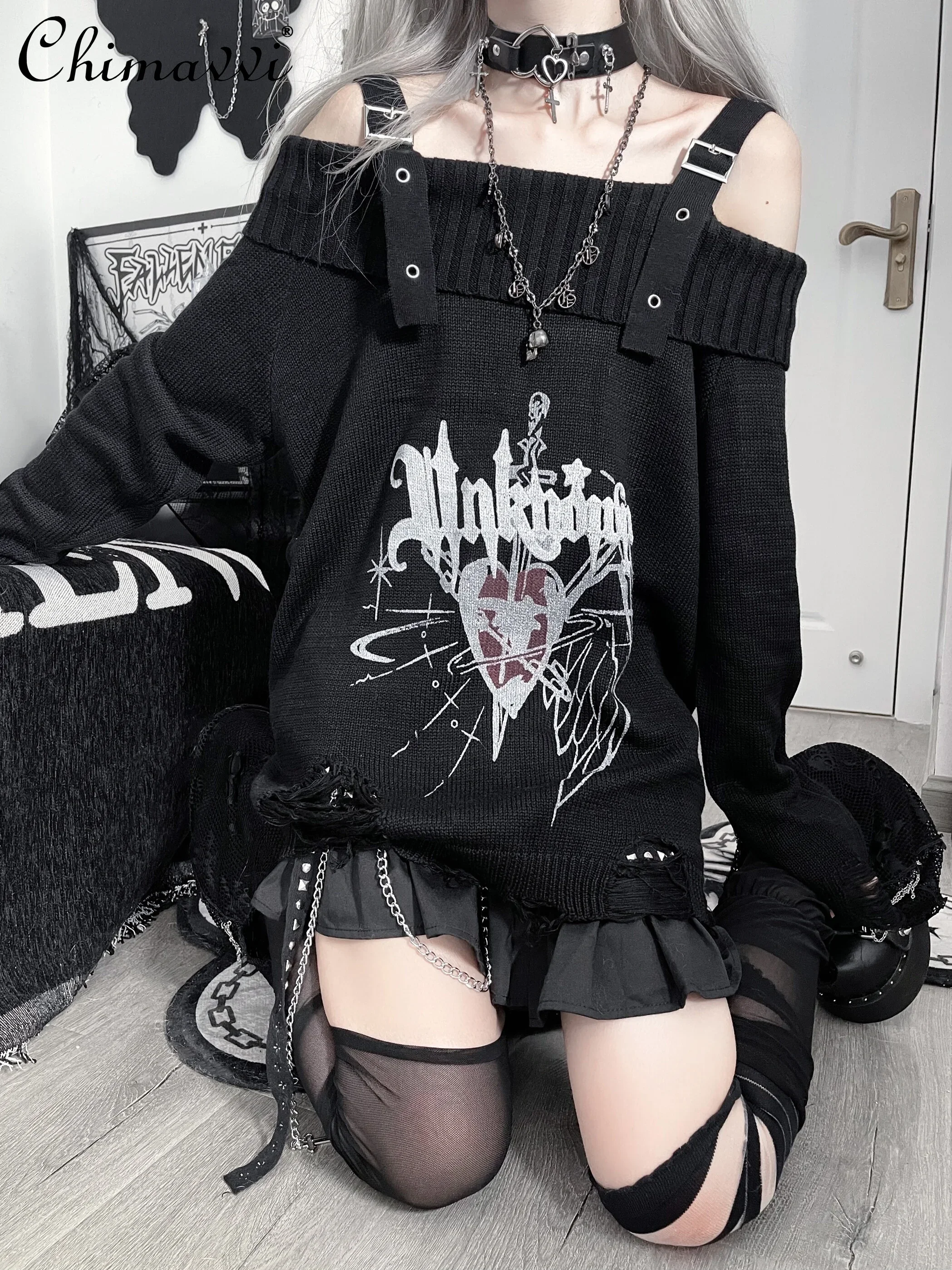 

Original Japanese Subculture Cartoon Printed Long-sleeved Knitted Jumper Pullover Autumn Ripped Off-the-shoulder Lapel Sweater