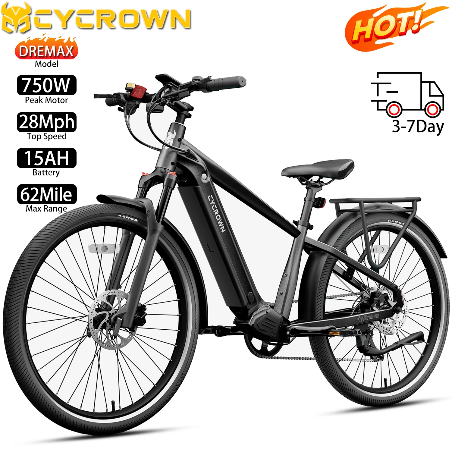 

Electric Bike CYCROWN DREMAX 27.5" 750W Motor Top Speed 28Mph City E-Bike For Adult 48V 15AH Max Range 62Miles Load 330Ibs