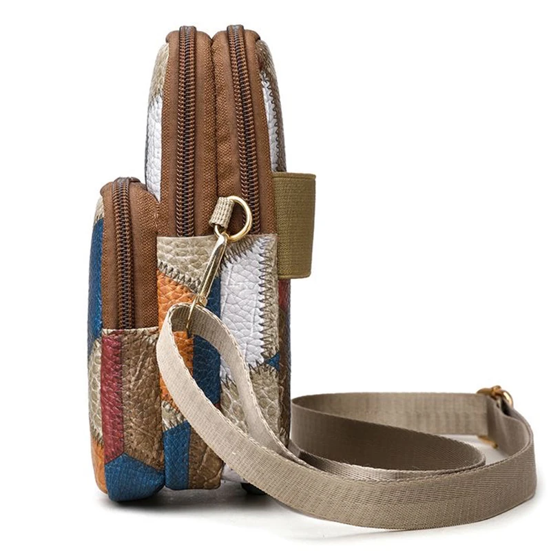 Trendige Patchwork-Umhängetasche mit Rautenmuster, lässige Umhängetasche mit mehreren Reißverschlüssen für Damen zum täglichen Einkaufen und Pendeln – Detail 4