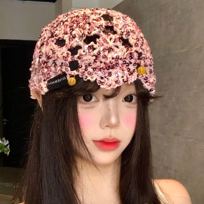Korean Hollow Sequin Hand-crocheted Pullover Hat for Women Summer Thin Breathable Knitted Hats Travel Short Brim Beanie Cap