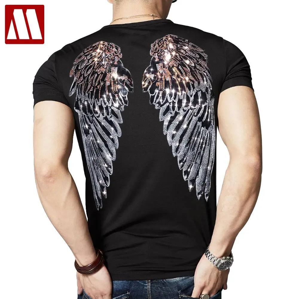 2024 Summer New Arrival Men shining Wing T Shirt Novelty Angle Diamonds Tshirt Man\'s Casual Tees Short Sleeve Hip Hop Streetwear