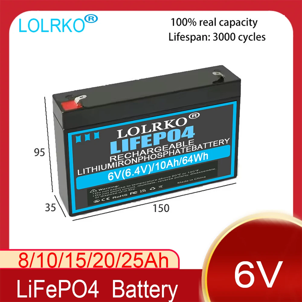 6V 8Ah LiFePO4-Batterie mit BMS, wiederaufladbare Lithium-Eisenphosphat-Batterie 6V 20Ah für Notlicht/Kinderwagen