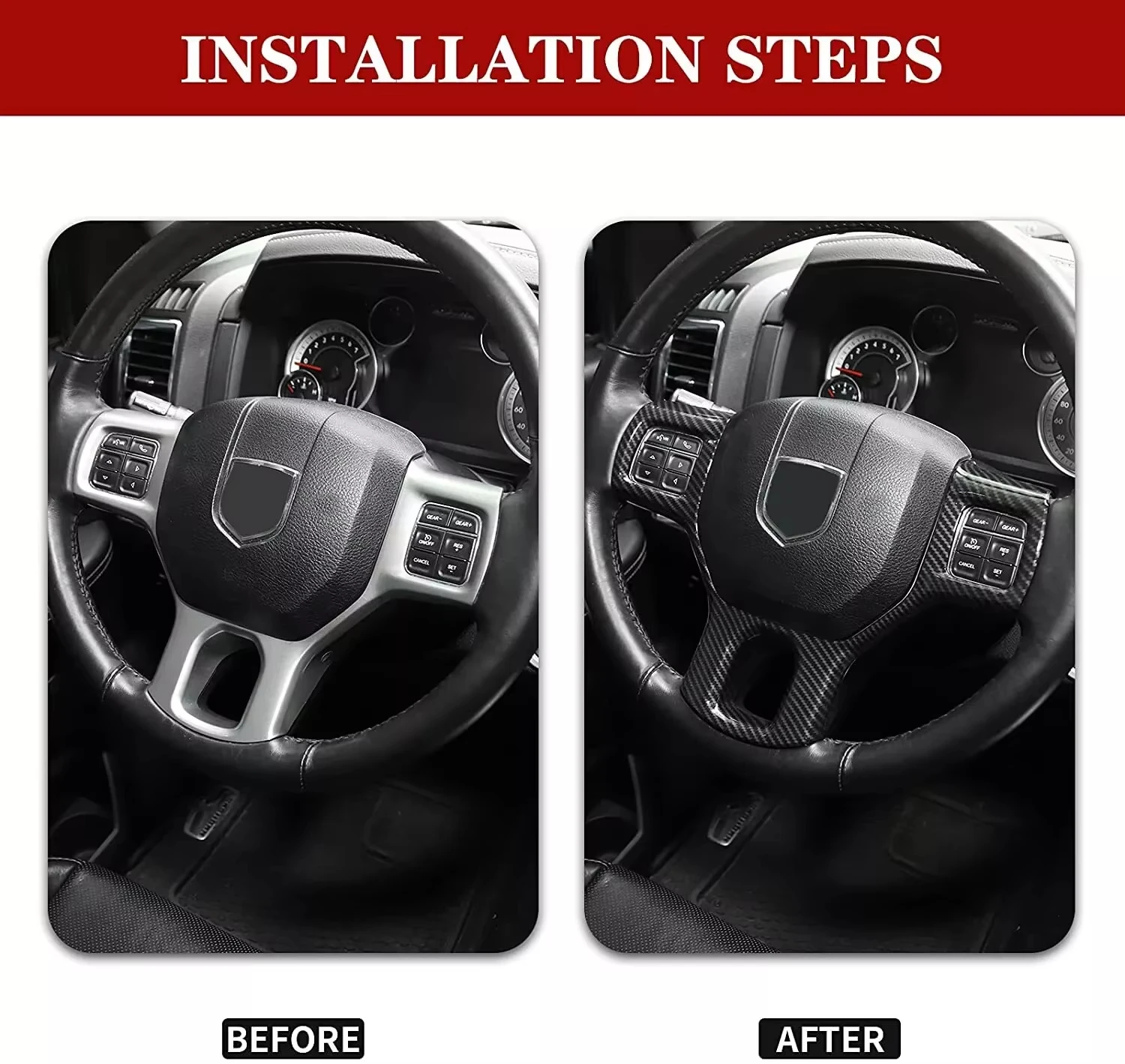 Carbon Fiber Style Steering Wheel Interior Cover Trim Frame Interior Decoration Sticker For Dodge Ram 1500 2500 3500 2011-2018