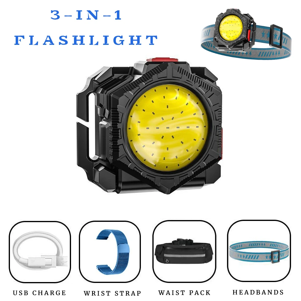 4 in 1 LED Watch Light Self Defense Watch Lantern Mini Battery Flashlight Camping Fishing USB Recharge Running Light Wrist Lamp