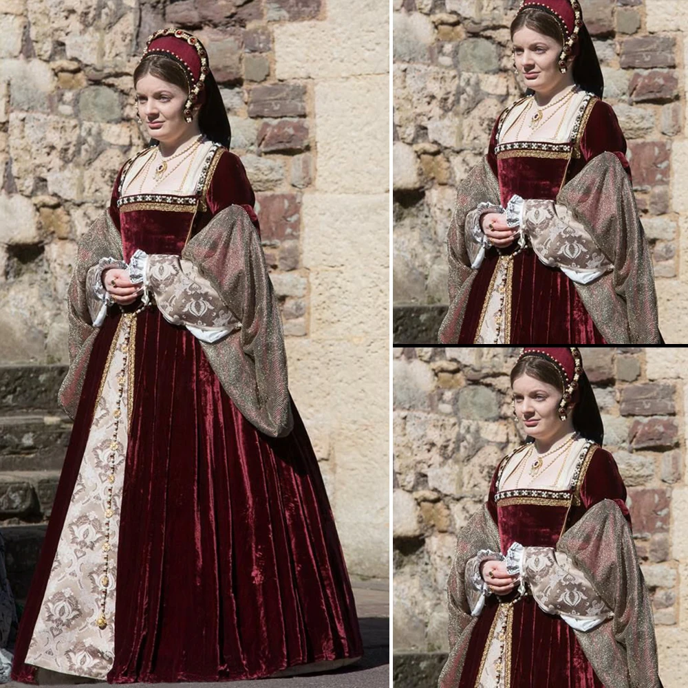 Velvet Victorian Tudor Queen Elizabeth Costume Dress Historical Renaissance Elizabethan Tudor Anne Boleyn Costume Red Dress Gown