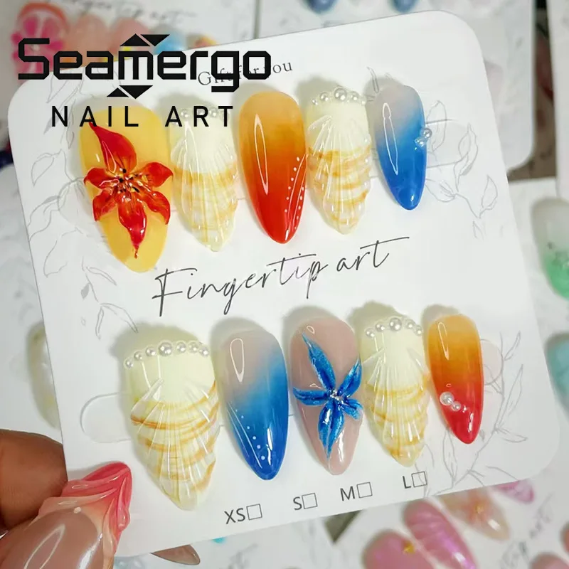 

24PCS Summer Beach Sunset 3D Shells Almond Press on Nails Blue Gradient French Flowers with Pearl Fake Nails for Women Wearable