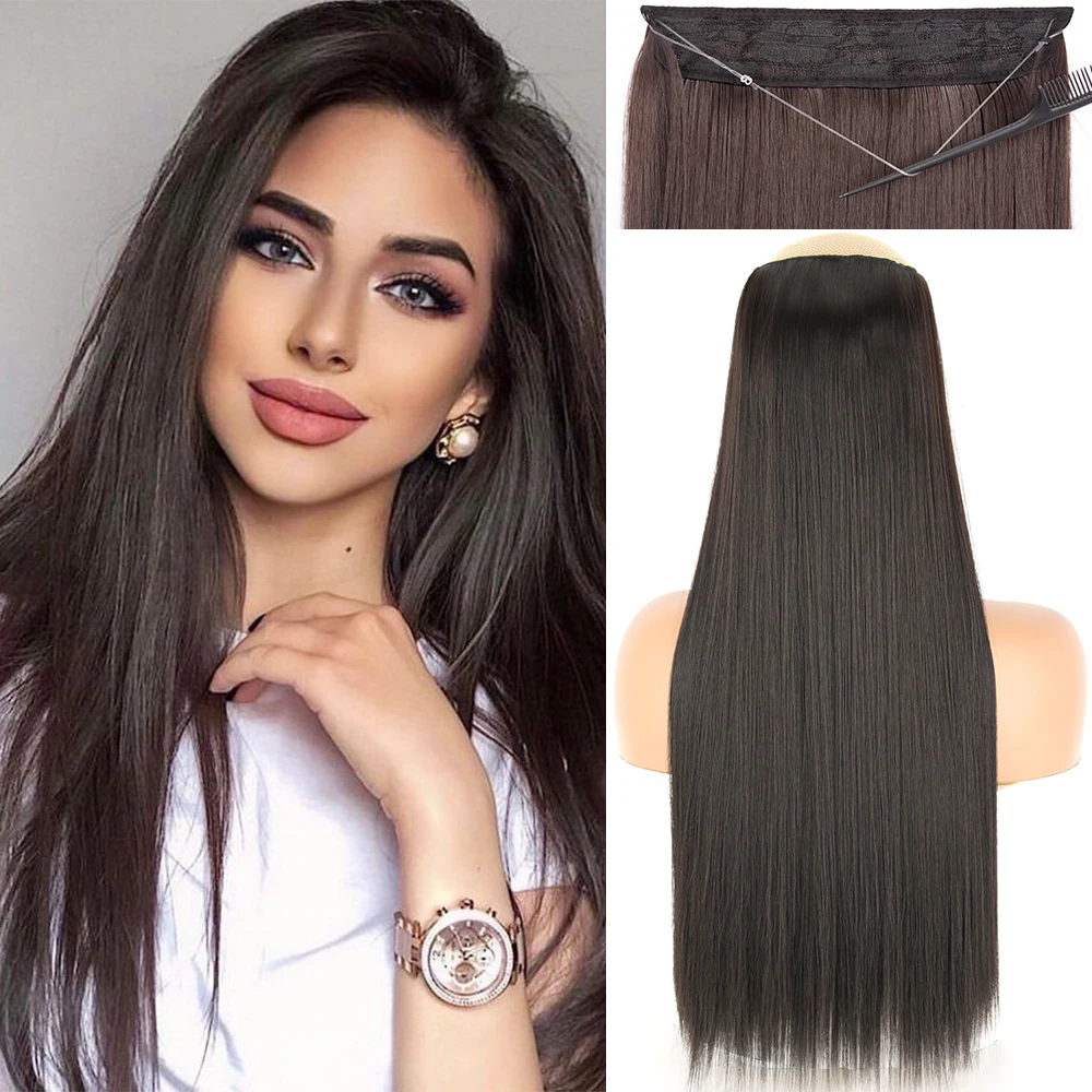 

Synthetic Straight Hair Extensions No Clip Invisible Wire Black Blonde One Piece Hairpiece Hair Extension Hairstyle