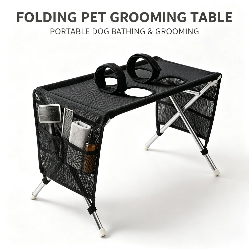 Portable Folding Pet Grooming Table Mesh Surface Dog Cat Beauty Desk With Storage Pocket And Fixing Loops For Home Salon