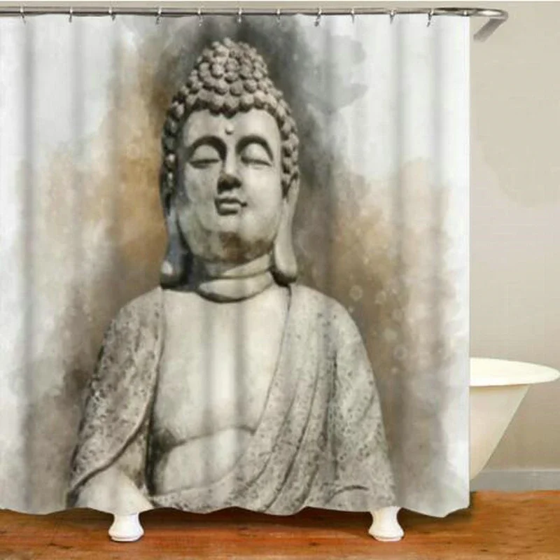 Classic Stone Buddha Head Shower Curtain Set Buddhism Zen Religion Bath Curtain Waterproof Bathroom Toilet Mat Rugs Cortina Baño