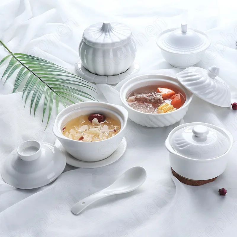 Solid Color Soup Bowls Nordic Modern White Bird's Nest Isinglass Stew Cup with Lid Restaurant Hotel Ceramic Bowl Home Tableware