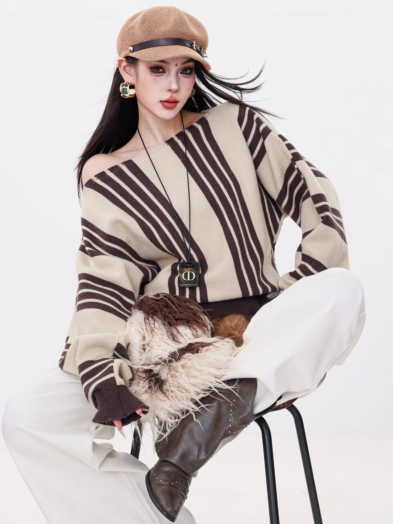 

ABWLR New College Sle Original oulder Bared Vertical Striped Knitwear Loose Fit Women's Faionable Top French Sle Long...