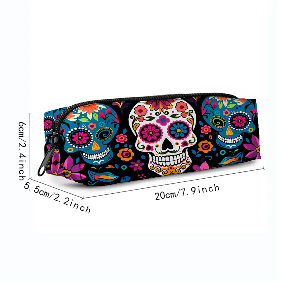 Flower Skull Single Layer Printed Pencil Case for Boy/Girls Best Gifts 2D Flat Cartoon School Supplies Pen Bag for Children