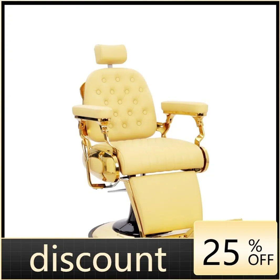 LMM yellow hair salon chair gold-plated chassis hydraulic heavy duty retro chair reclining